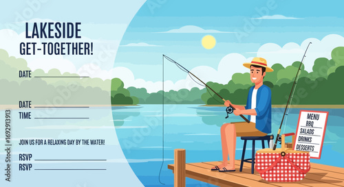 Lakeside Get-Together Invitation Template Featuring Fisherman on a Dock with Menu