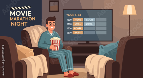 Man Enjoying a Movie Marathon Night at Home with Popcorn in a Cozy Setting