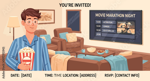 Movie marathon night invitation with a man holding popcorn and a cozy living room scene