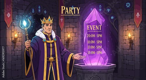 Mystic medieval king invites to a fantastic crystal event in an ancient castle