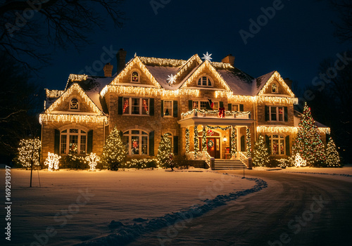 Magnificent mansion glows with festive Christmas lights on snowy winter night