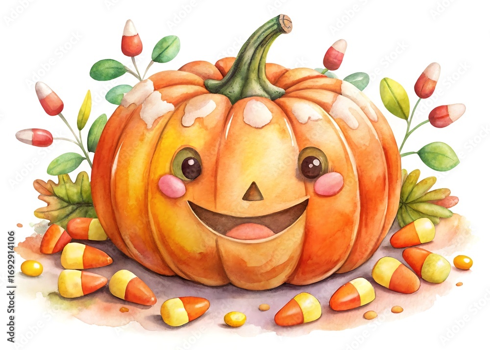 Fototapeta premium Watercolor illustration of a cute pumpkin with candy corn, isolated on white background