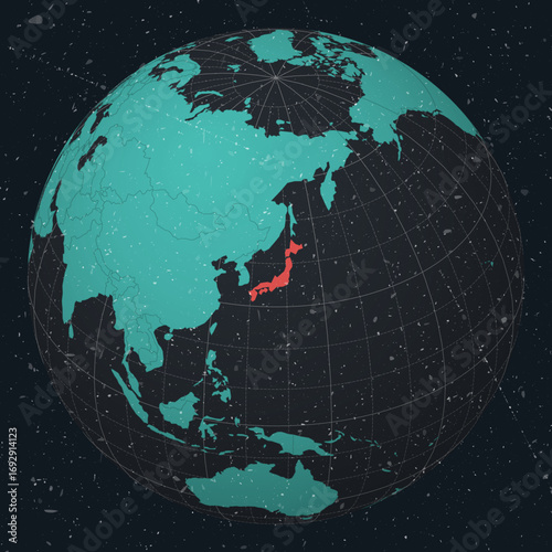 Japan on Globe. Vintage look with grunge scratched texture. Country view on world map in Dark Charcoal Turquoise color palette. Japan shape on map. Globe with meridians and parallels.