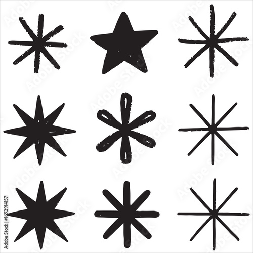 Pri crayon drawn asterisks and star shapes. Colorful brush drawn asterisks, vector funky geometric figures. Grunge bold and thin forms. Naive playful typography design elementsnt