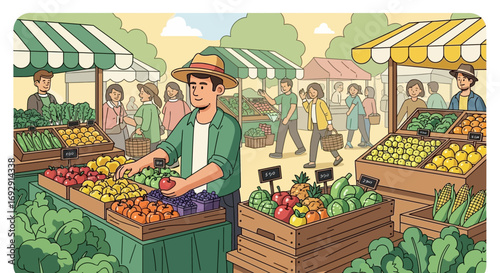 Vibrant illustration of a bustling farmers market filled with fresh produce and happy shoppers