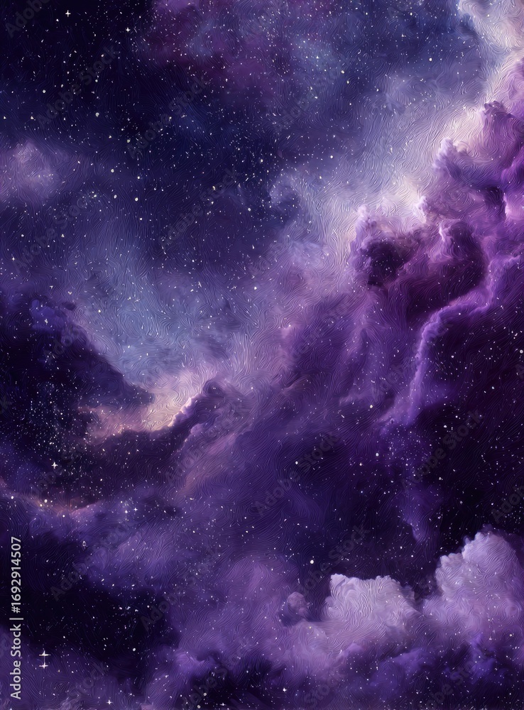 Fototapeta premium Deep space nebula, vibrant purple and violet hues, scattered stars