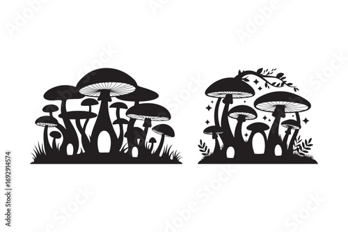 Silhouettes of various mushrooms growing in a forest setting