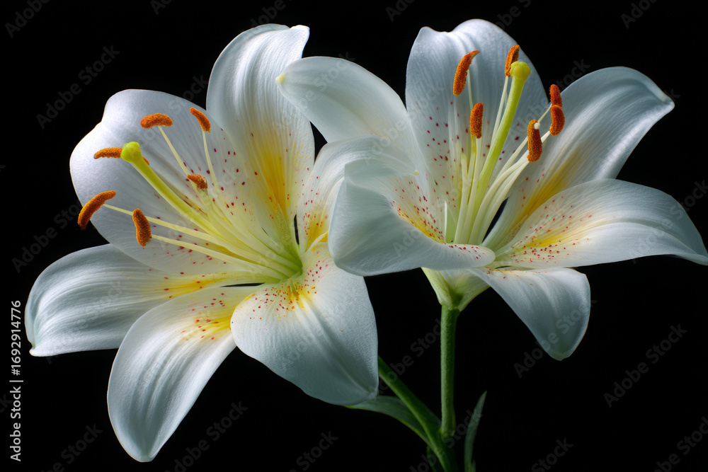 Fototapeta premium Two White Lilies on a Black Background