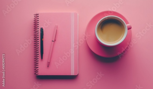 Simple Workspace With Coffee, Notebook, and Pen on Pink Backdrop.