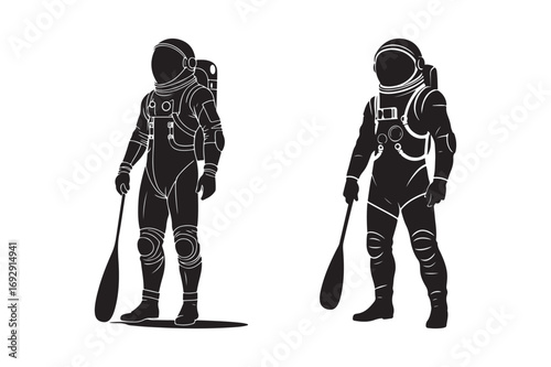 Astronauts with paddles in a stylized silhouette