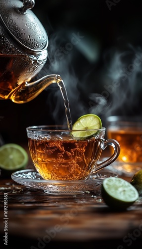 Hot Tea Being Poured Into a Glass Cup With a Slice of Lime in a Cozy and Warm...