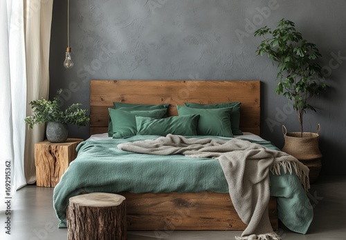Modern Bedroom With Rustic Decor and Natural Elements in Serene Atmosphere