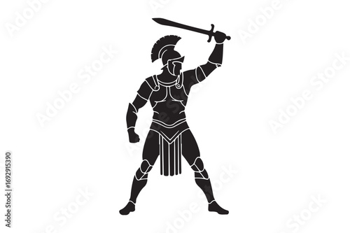 Warrior in roman armor raising sword victoriously