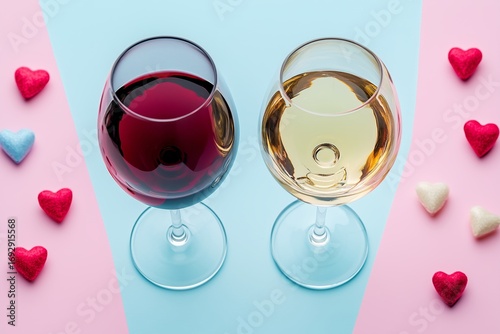 Romantic Evening With Red and White Wine Glasses and Heart Decorations in Pas...