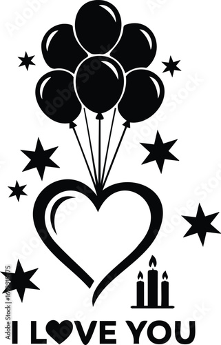 Love's Declaration: An intimate vector illustration expressing love and affection, featuring a heart embraced by balloons, stars, and candlelight.