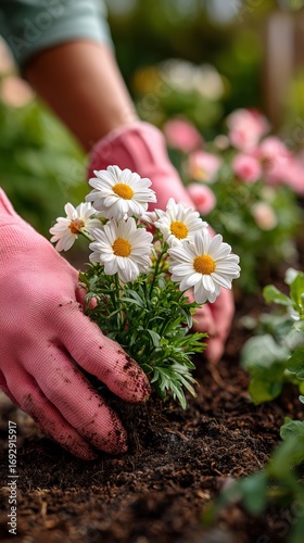 Gardener Planting Flowers in Vibrant Garden During Sunny Day.