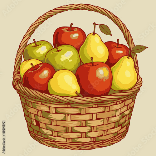 Basket of assorted apples and pears in a woven basket. Fruit display with a detailed illustration style. Fresh produce. grocery store display. market scene -