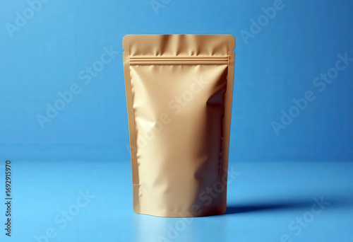 Brown Stand-Up Pouch on Blue Background With Minimalist Design.