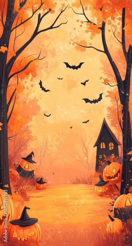 Colorful Autumn Landscape With Pumpkins and Bats During Halloween Season