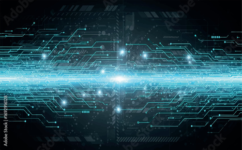 Futuristic blue circuit board with bright light in the center, symbolizing data transfer and advanced technology