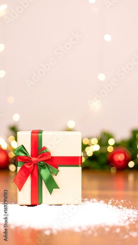 White gift box with red and green ribbon, festive lights, snow