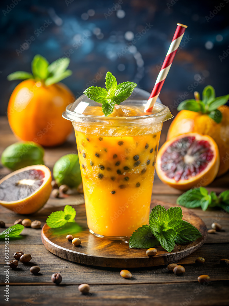 Fototapeta premium Icy passion fruit drink with mint and citrus fruits