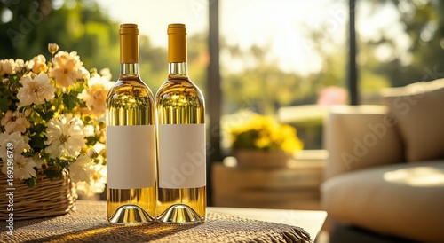 Bottles of White Wine Placed on a Table Near Flowers and Sunlight in a Cozy O...