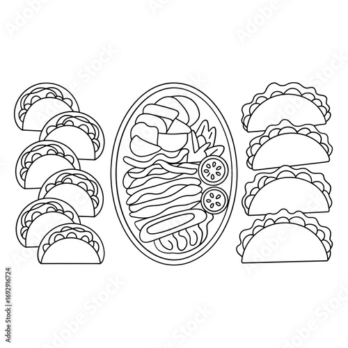 Hand drawn illustration of a taco platter with sides