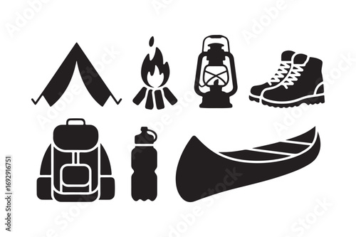 Camping and outdoor adventure gear icons