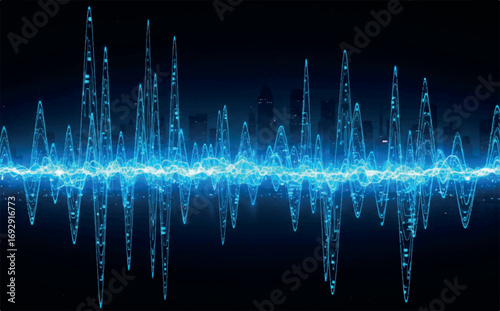 Abstract blue sound wave visualization with glowing particles on a dark background, representing audio or data