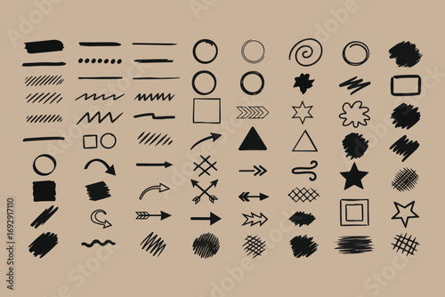 Collection of hand drawn doodle shapes and elements on kraft paper background