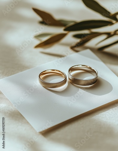 Elegant Wedding Rings Placed on Textured Surface With Soft Shadows and Greenery.