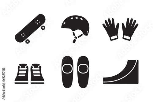 Skateboarding gear and accessories icons set