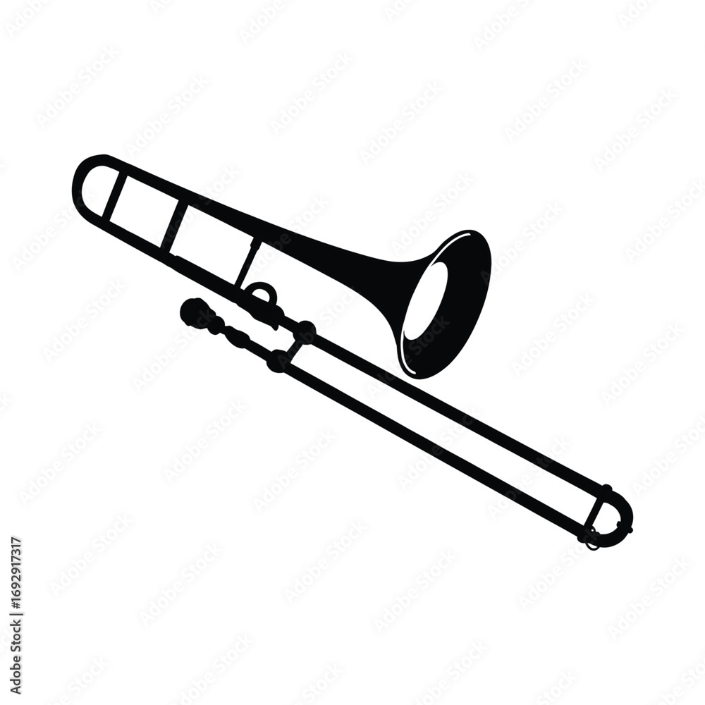 Obraz premium Minimalist line drawing of a golden yellow trombone with U-shaped slide, rotary valve, and curved bell on a white background