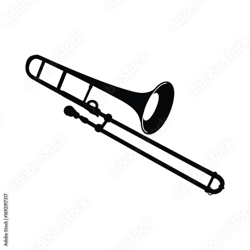 Minimalist line drawing of a golden yellow trombone with U-shaped slide, rotary valve, and curved bell on a white background