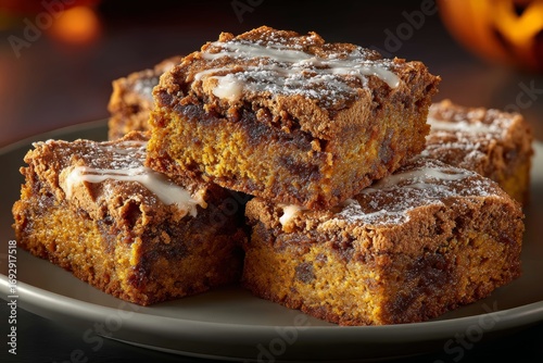 Plate of pumpkin pie bars topped with icing, showcasing crumbly squares with squash filling. Concept of warm, inviting atmosphere featuring pumpkin pie bars.