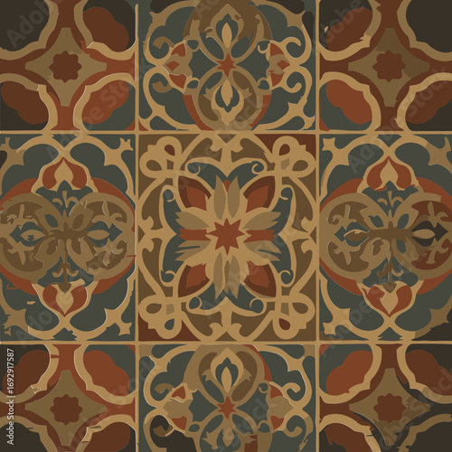 Vintage decorative floor tile design with intricate floral patterns in warm earth tones. Ornate, textured tilework, showing a distressed, antique feel.