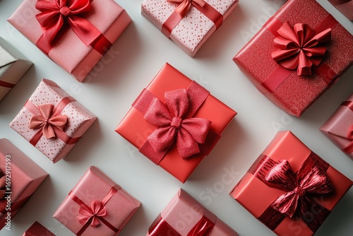Colorful Wrapped Gifts Arranged Beautifully on a White Background for a Festi...