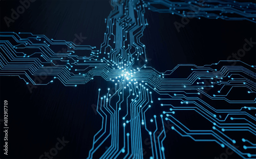 Closeup of a glowing blue circuit board with intricate pathways and a central illuminated processor, representing technology