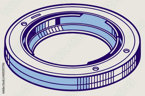 Isometric view of a circular mechanical component with blue accents and detailed construction lines