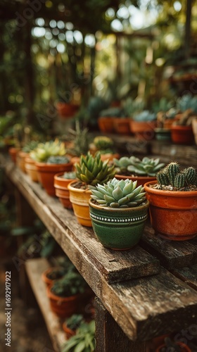 Vibrant Collection of Potted Succulents Arranged on Wooden Shelves in a Garden