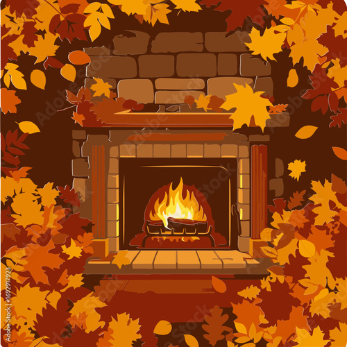 Autumnal fireplace scene with fall leaves and wood fire. Cozy ambiance with autumnal foliage surrounding a crackling fireplace.