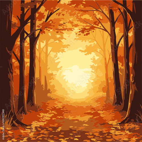 Autumnal forest path lined with vibrant fall foliage. Peaceful scene of a sunlit forest trail covered in colorful leaves. Nature lover's scenic landscape -