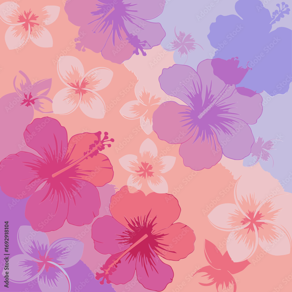 Fototapeta premium Floral pattern of hibiscus and plumeria in pastel shades with a soft background. Vibrant, artistic design for a fashion or textile product.