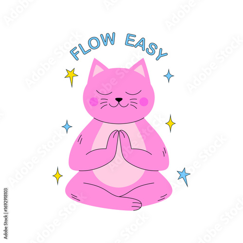 Pink  cartoon cat in a meditative pose with the text Flow Easy.