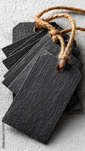 Elegant Black Tags Arranged Neatly With Twine on a Textured Surface