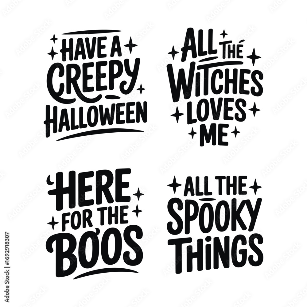 Obraz premium Set of four Halloween typographic designs with playful purple text, stars, sparkle elements, and varied hand-lettered styles on white.
