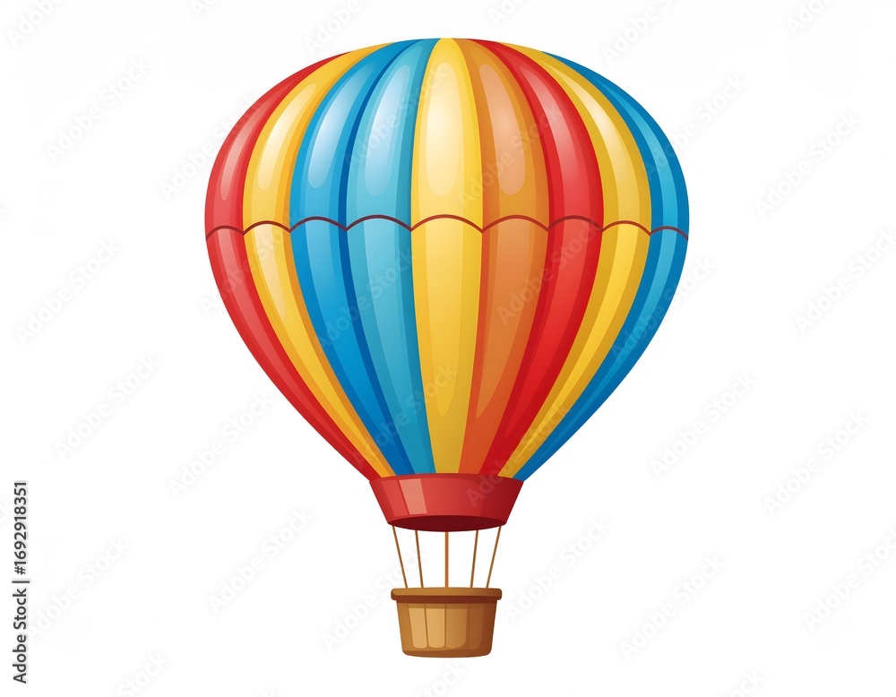 Fototapeta premium Colorful hot air balloon illustration with red basket and ropes against a white background.