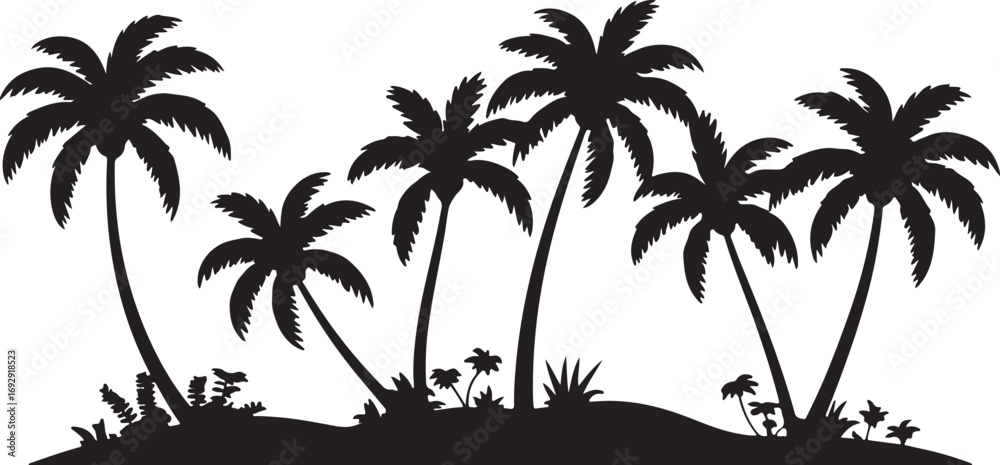 Fototapeta premium Black silhouette of palm trees and tropical foliage vector