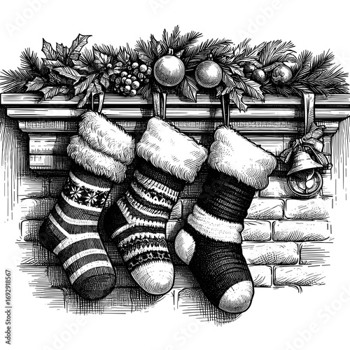 Christmas stockings in black-and-white style for holiday decoration